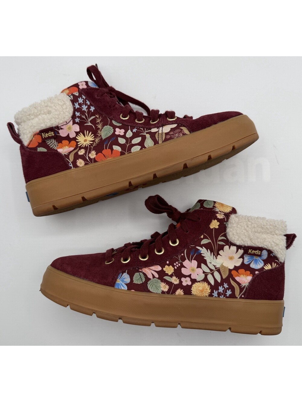 Keds Rifle Paper Co Tahoe Floral Suede Ankle Boot Hightop Sneaker Burgundy 7 NEW